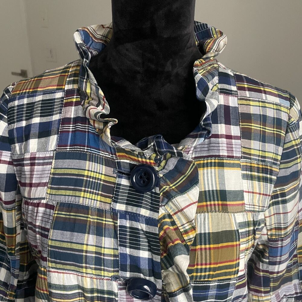 90s J. Crew Women's 6 Rainbow Madras Plaid Ruffled Swing 1/4 Sleeve Jacket - Picture 2 of 9